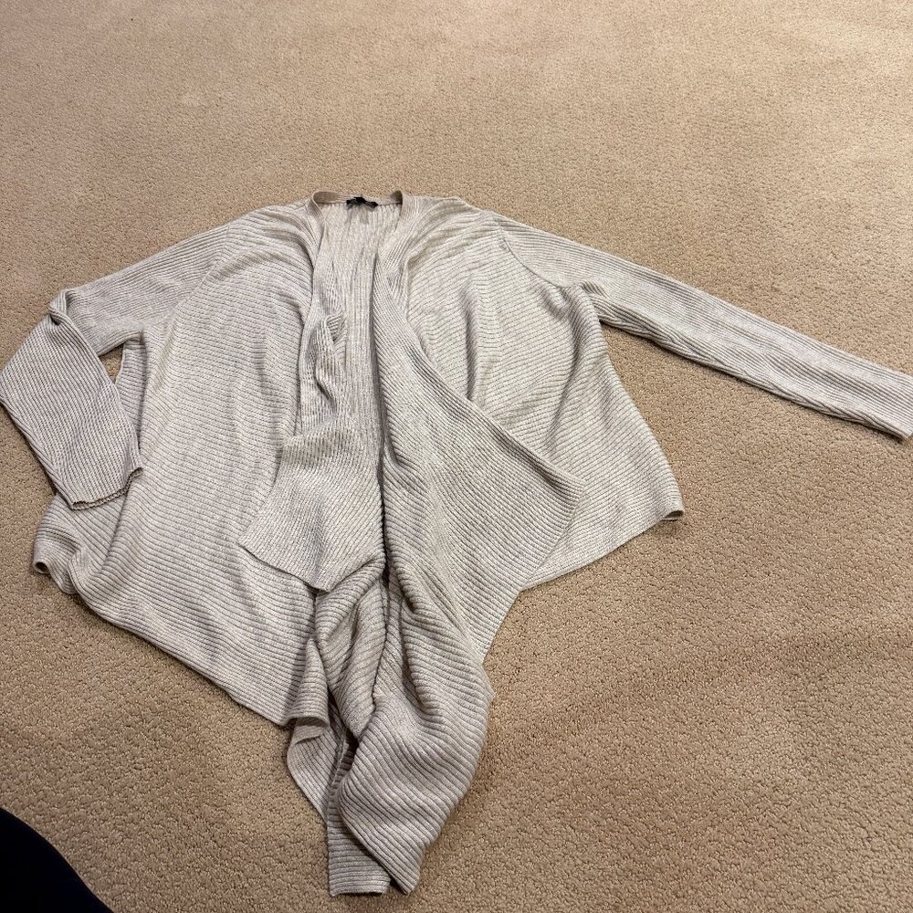 Eileen Fisher Wool Cardigan Open Front Sweater Rib Knit Minimalist Beige Gray 2X